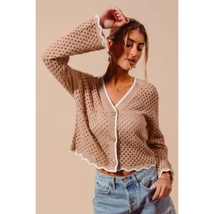 SO‎ ME Open Knit Light Weight Sweater Cardigan With Contrast Wavy Scallop Edge L thumbnail 10