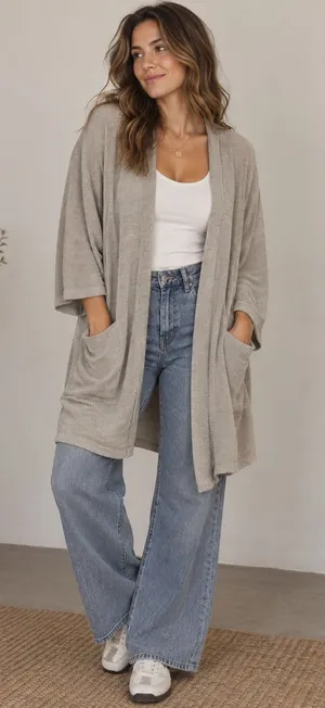 DONNI Long Cardigan Women Open Front Ribbed Oversized Duster Quiet Luxury thumbnail 1