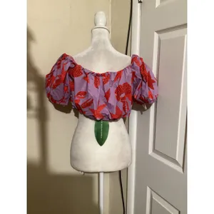 Farm Rio Lobster Sky Crop Top Purple Red Organic Cotton Puff Sleeve NWT Size M thumbnail 4