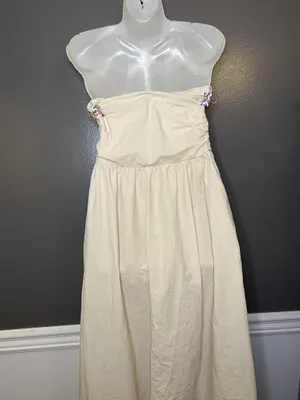 YFB Dress Womens Medium White Strapless Ruched Cotton Maxi Sundress Boho Summer thumbnail 6