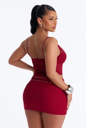 Red Lace-Trim Grommet Mini Dress Set - Women thumbnail 2