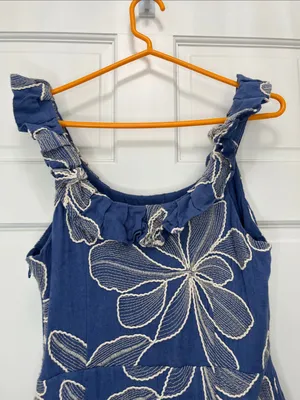 Loft Blue w/ Creme Floral Embroidered Ruffle Neckline Mini Dress - Size 10 thumbnail 9