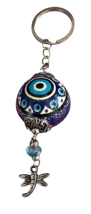 Turkish Evil Eye Ceramic Bead Keychain Dragonfly Silver Tone 5" Long 21.16g thumbnail 1