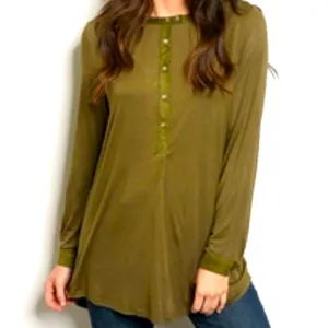 'VERY J' brand Small Olive Roll Button Sleeve Hi-Low Henley Office Blouse thumbnail 11