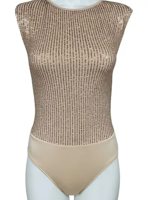 SHEIN Rose‎ Gold Sequin Sleeveless Bodysuit Sparkly Glam Party Holiday Metallic thumbnail 1