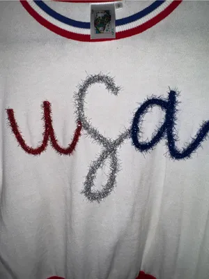 QUEEN OF SPARKLES White Short Sleeve Sweater with Red, Blue & Silver Trim thumbnail 3