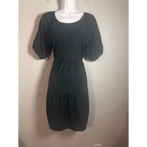 J.Crew Black Clip-Dot Tiered Mini Dress‎ Puff Sleeve Scoop Neck Small thumbnail 2