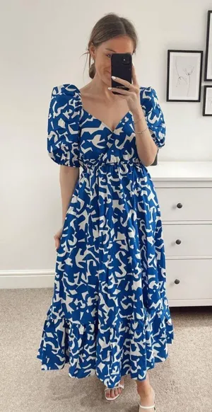 Zara Womens XS Printed Pop Puff Sleeve Maxi Dress •Surplice Neckthe tag is off thumbnail 11