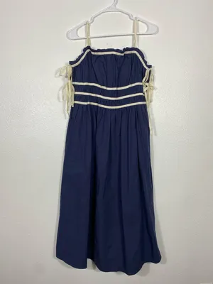 Navy Midi Dress with White Trim and Spaghetti Straps Size L 100% Cotton thumbnail 3