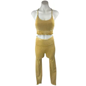 JoyLab Yellow Gold Velour Velvet Sleeveless Crop Top Leggings Pants 2 Pc Set XS thumbnail 2