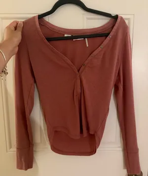 Urban Outfitters coral pink ribbed long sleeve Henley shirt top thumbnail 1