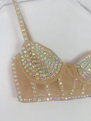 For Love & Lemons Jackpot Longline Bra Top Studded Mesh Underwire Nude Size XXS thumbnail 2