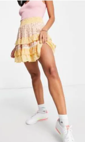 Yellow and Pink Floral Tiered Ruffle Skirt thumbnail 1