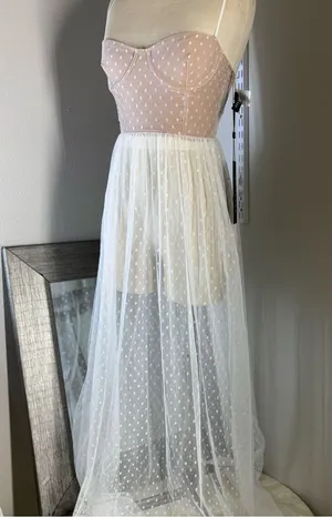 White Fox Boutique Strapless maxi sheer Dress in Pink and White thumbnail 1