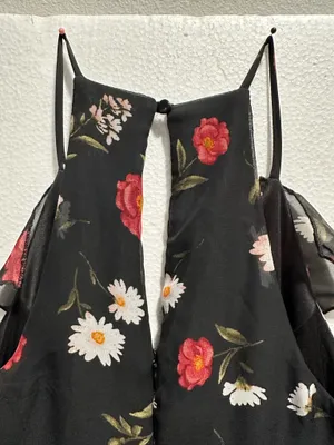 BISOU BISOU M Black Red Floral Sleeveless Maxi Dress V-Neck Ruffle Straps thumbnail 5