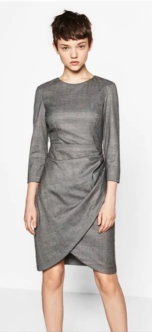 Zara Basic Grey Glen Plaid Draped Tulip Sheath Dress 3/4 Sleeve Size M thumbnail 1