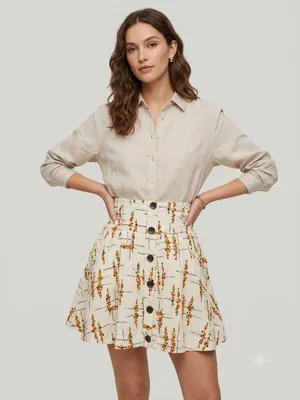 Free People Floral Linen Cotton Button Front Mini Skirt Ivory Women's Size S thumbnail 1