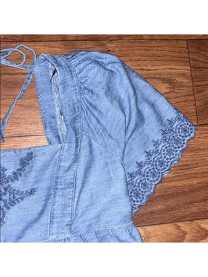 Old Navy Light Blue Embroidered Blouse chambray babydoll thumbnail 3