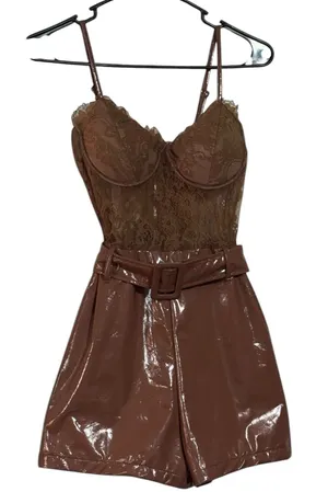 SHOP17 Brown Lace Corset Vinyl Romper with Belt Size S thumbnail 1