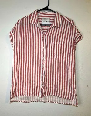 Lola River Pink/White Striped Button-Up Shirt Top M Collared 100% Cotton thumbnail 1