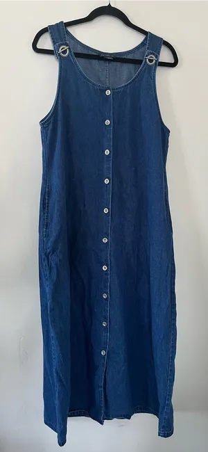 Vintage Denim Button Front Midi Dress Small 100% Cotton Cottagecore Western Farm thumbnail 1