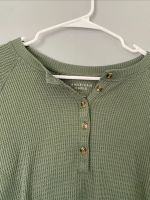 American Eagle Outfitters Olive Green Waffle Henley Long Sleeve Top thumbnail 3