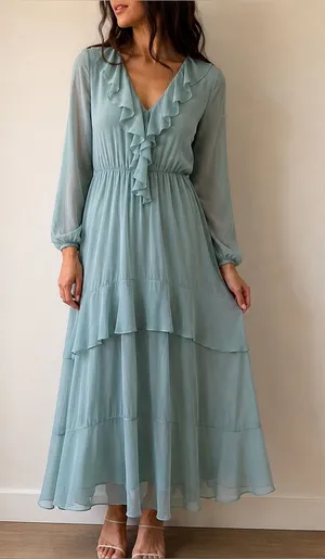 Ann Taylor Sage Blue Ruffle Tiered‎ Maxi Dress Size S Fairycore Romantic thumbnail 1