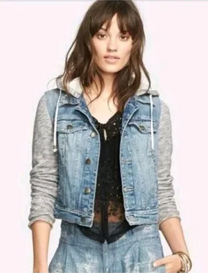 Free People | Distressed Knit Sleeve Denim Jacket S Grunge Hooded‎ Streetwear thumbnail 1