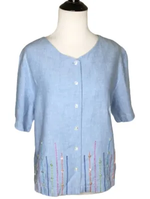 Vintage Bechamel Blue Linen Buttons Embroidery Shirt Medium Top thumbnail 1