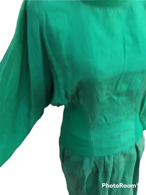 Vintage 80s Kelly Green Gingerfield Silk Two Piece Outfit Turtleneck Skirt S thumbnail 4