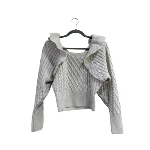 HM Cable Knit Ruffle Collar Sweater Wool Blend Cream Square Neck Small thumbnail 2