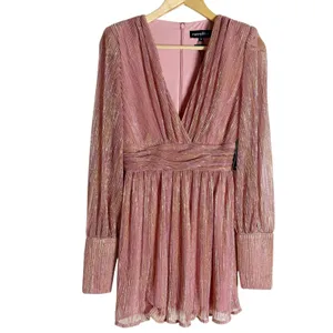 Retrofete Dani Pink Gold Lurex Long Sleeve V-Neck Mini Dress Size Small thumbnail 5
