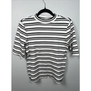 Maeve‎ Anthropologie Medium Womens Top Stretch Black White Short Sleeve Striped thumbnail 2