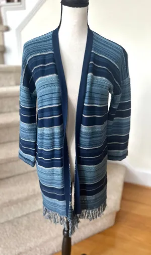 Ralph Lauren Navy & Light Blue Strip Fringe Western Long Line Cardigan thumbnail 1
