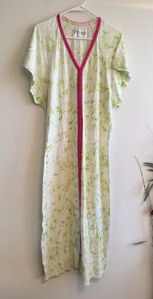 Pitusa Tie Dye Maxi Dress Lime Green Pink Trim‎ Pima Cotton Modal Petite Peru thumbnail 1