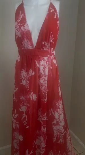 Amazon Red Floral V-Neck Maxi Dress thumbnail 1