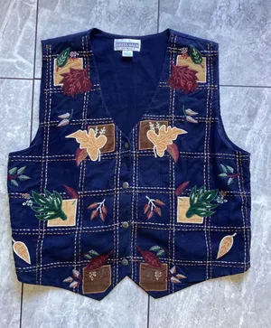 Dress Barn Vintage Woman Navy Blue Corduroy Autumn Leaf Embroidered Vest 1X thumbnail 1