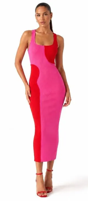 NWOT Sexy Naked Wardrobe Pink Red Colorblock Ribbed Bodycon Midi Dress L thumbnail 1