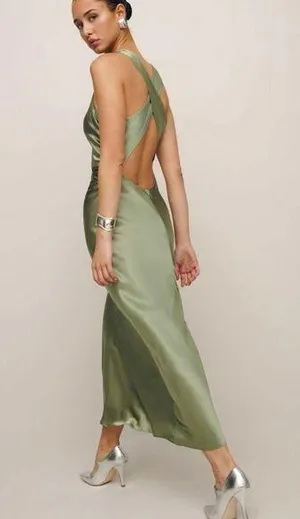 Reformation 100% silk cassette Dress in artichoke NEW thumbnail 1