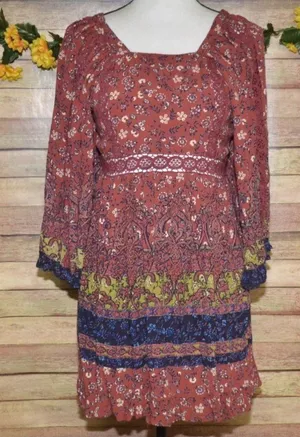 Angie Dress Womens Size L Floral Boho Puff Bell Sleeve Midi Smocked Lace thumbnail 1
