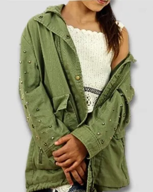 Zara green jacket cargo parka edgy studs relaxed snap boho rocker grunge punk 12 thumbnail 1