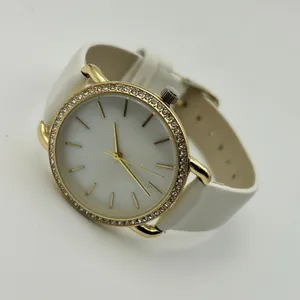 Women’s Gold-tone Crystal Bezel Mother Pearl Dial White Band Minimalist Watch thumbnail 4