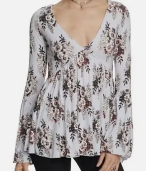Free People Speak Easy Lavender Floral Deep V Neck Bell Sleeve Boho Tunic Top S thumbnail 1