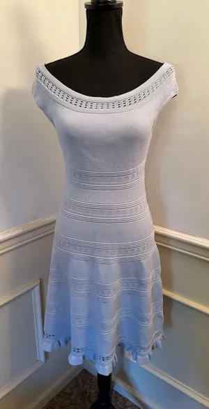 Eliza J Baby Blue Knit Off-The-Shoulder Fit & Flare Dress Pointelle Ribbed thumbnail 1