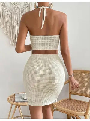 NEW Cream Crochet Halter 2-Pc Set Tassel Trim Crop Top & Bodycon Skirt XL thumbnail 2