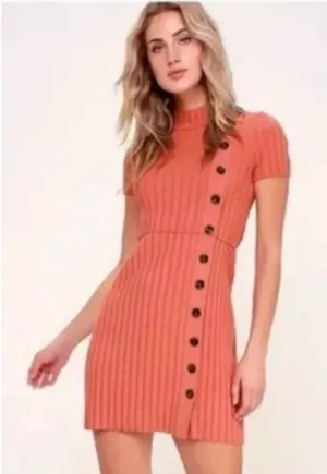 FREE PEOPLE Lottie Coral‎ Ribbed Small Button Front Mock Neck Sweater Dress M7-3 thumbnail 1