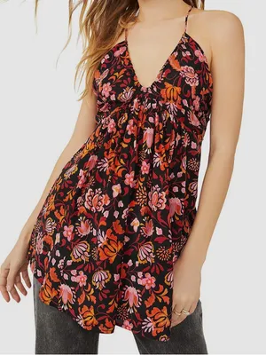 New Free People Women's Black Pixie Cross Back Floral Print Tunic Top Size large thumbnail 1