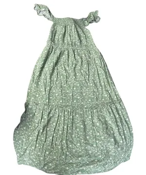 Bobeau Green Floral Smocked Tiered Maxi Dress Ruffle Sleeve XS thumbnail 1