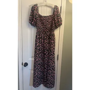 BTFBM Floral Smocked Cottagecore Maxi Dress Puff Sleeve Black Pink Large thumbnail 11