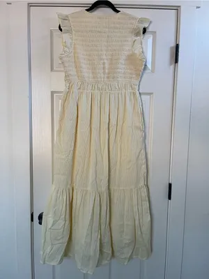 Quince Organic Textured Cotton Smocked V-Neck Midi Dress Pale Custard Yellow L thumbnail 12
